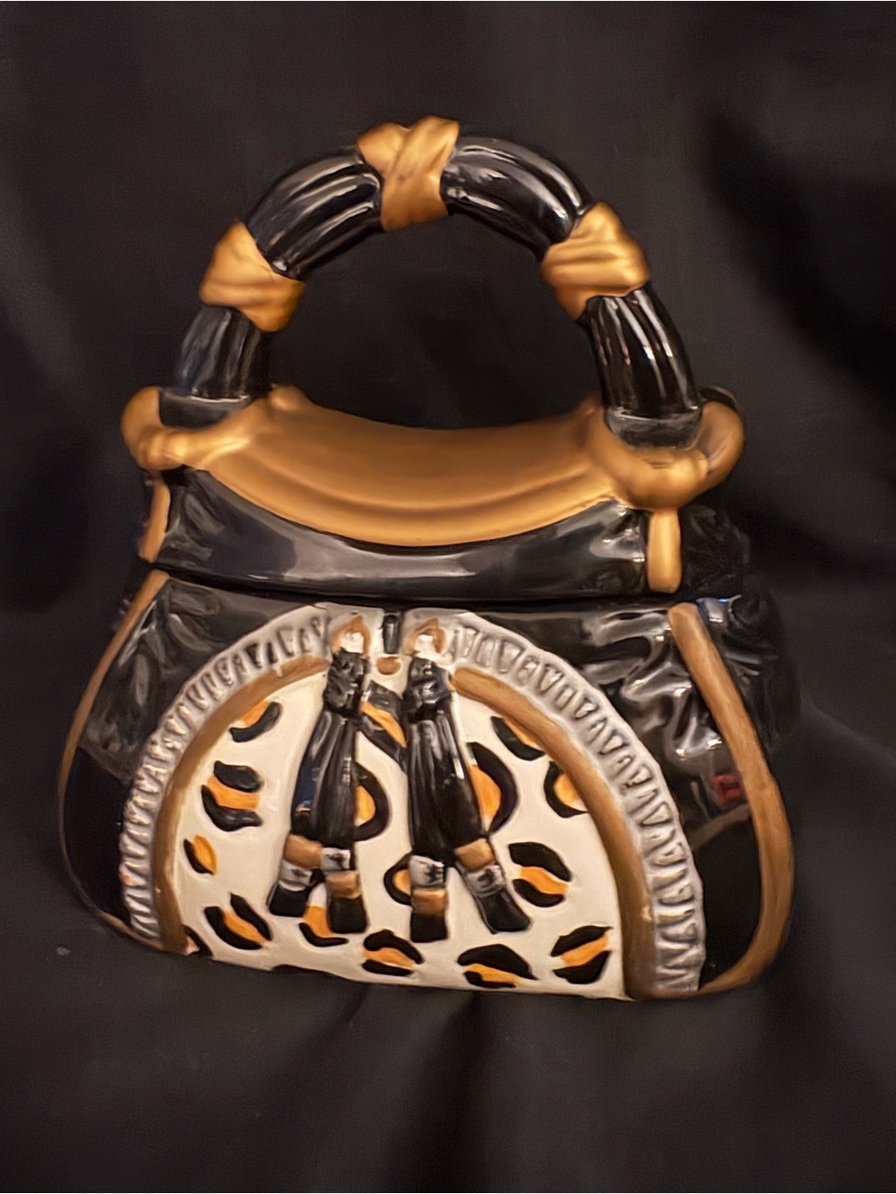 David's Cookies Ceramic Handbag Cookie Jar Black Gold Animal Print